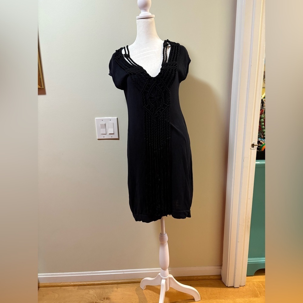 Nanette Lepore knit dress macrame ropes fringe black silk linen  sz S